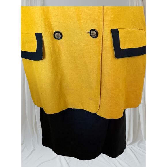 Vintage Oleg Cassini Mustard & Black Linen Double-Breasted Skirt Suit Set - Picture 3 of 9